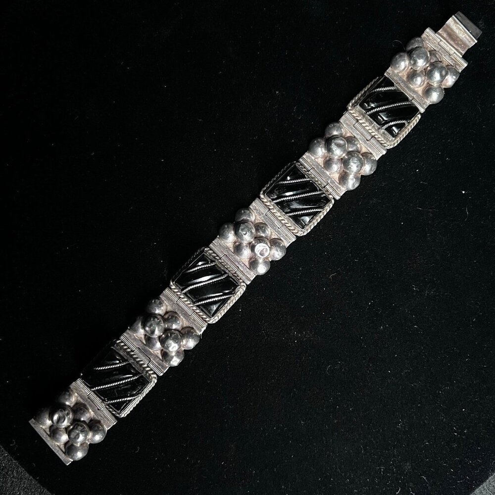 Vintage Taxco Sterling Silver Onyx Brutalist Wide Panel Bracelet 47.2g 7.25"